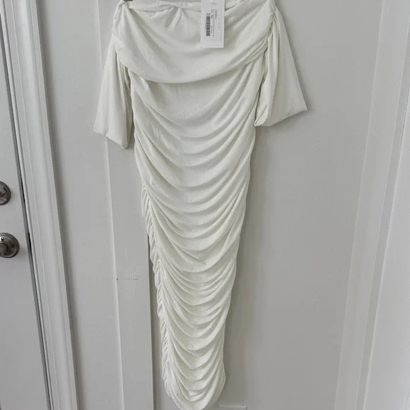 NWT Club L White Maternity Bardot Ruched Draped Midi Dress Size 8 - Picture 3 of 14